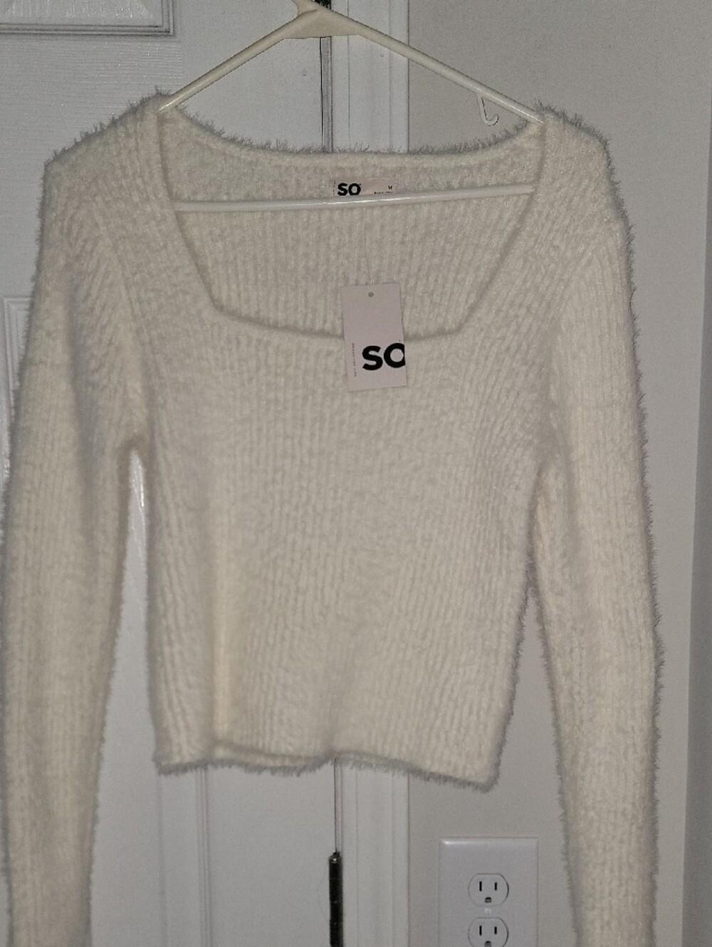 SO Cream Fuzzy Square V-Neck Sweater